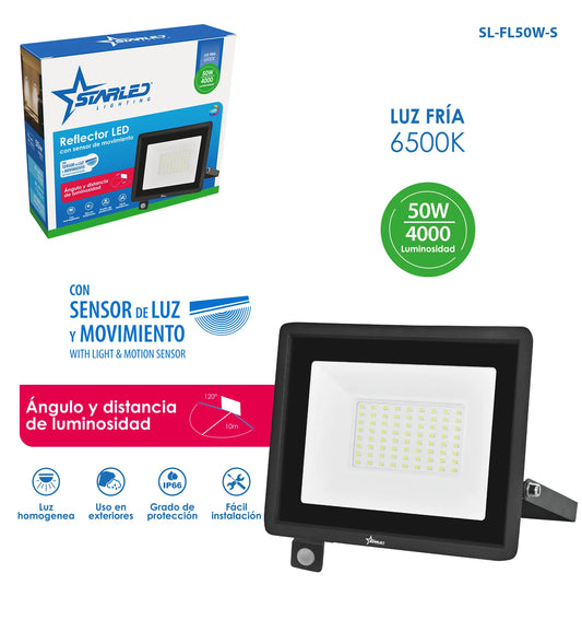 REFLECTOR LED CON SENSOR DE MOVIMIENTO 50W 4000LM STARLED SL-FDC50W