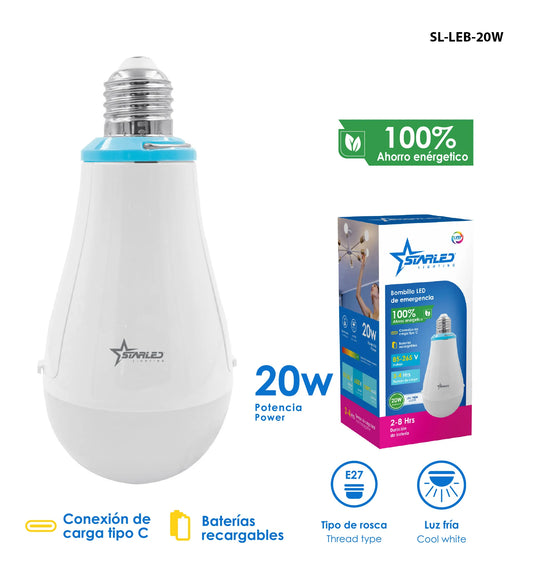 FOCO LED DE EMERGENCIA 20W INCLUYE BATERIAS STARLED SL-LEB-20W