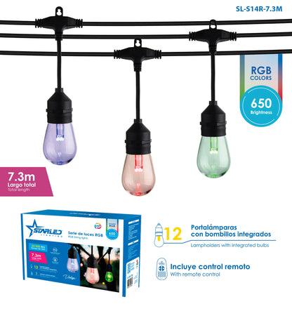 SERIE DE LUCES LED 7.3METROS CON 12 PORTA LAMPARAS Y 12 BOMBILLOS SL-S14R-7.3M STARLED