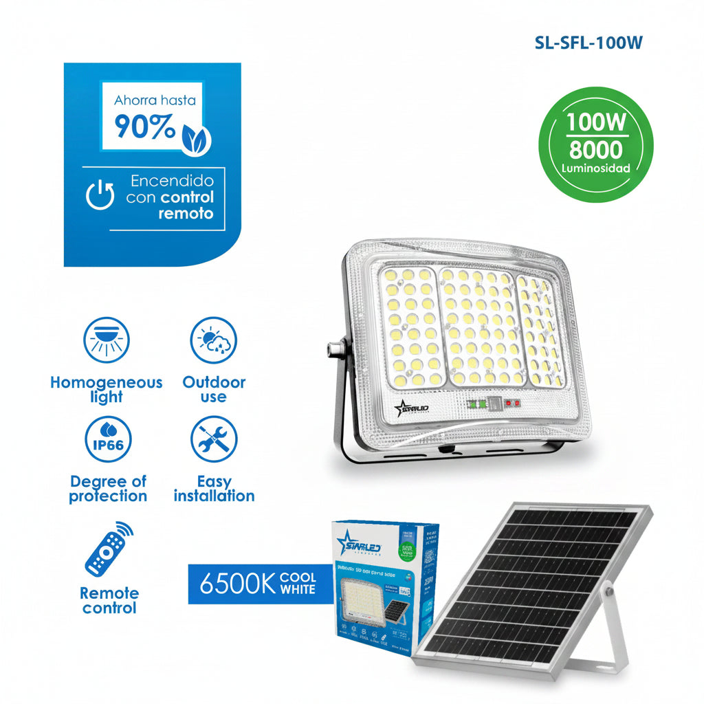 REFLECTOR LED CON PANEL SOLAR 100W/8000LM STARLED SL-SFL-100W