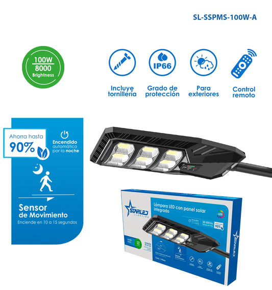 LAMPARA LED CON PANEL SOLAR Y SENSOR DE MOVIMIENTO 360 100W/8000LM STARLED SL-SSPMS-100W-B