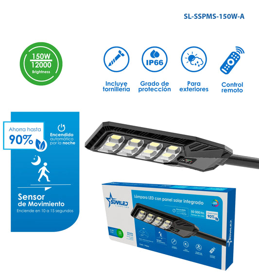 LAMPARA LED CON PANEL SOLAR Y SENSOR DE MOVIMIENTO 360 150W/12000LM STARLED SL-SSPMS-150W-A
