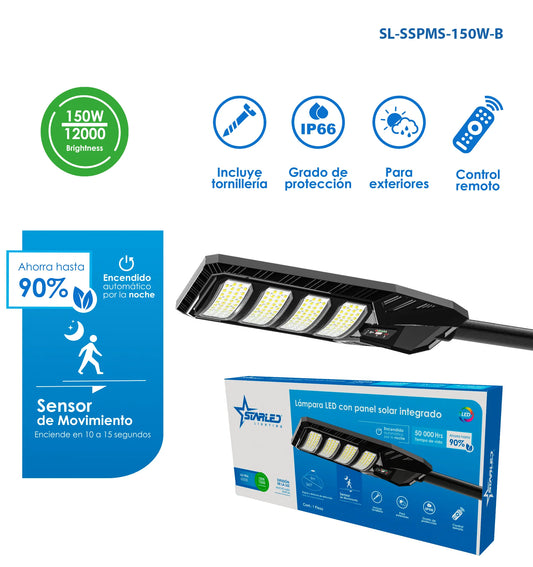 LAMPARA LED CON PANEL SOLAR Y SENSOR DE MOVIMIENTO 360 150W/12000LM STARLED SL-SSPMS-150W-B
