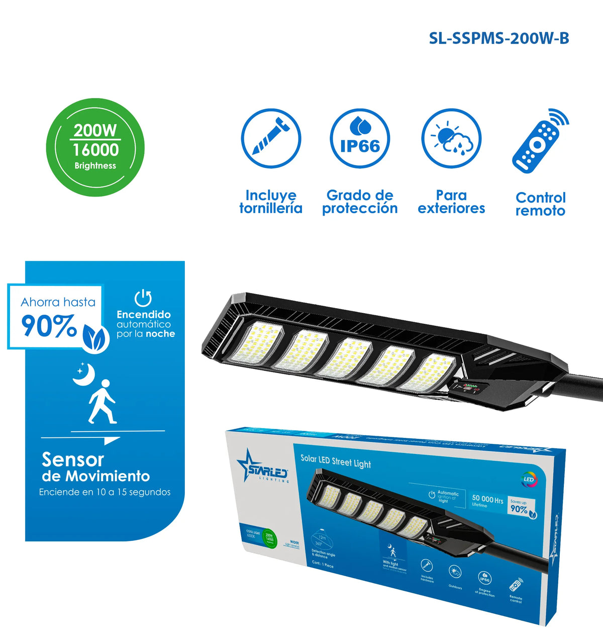 LAMPARA LED CON PANEL SOLAR Y SENSOR DE MOVIMIENTO 360 200W/16000LM STARLED SL-SSPMS-200W-B