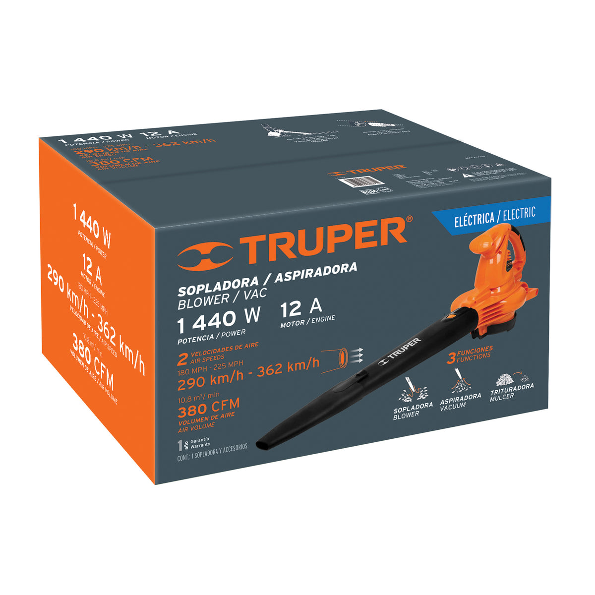 SOPLADORA/ASPIRADORA ELECTRICA 1440W CON BOLSA RECOLECTADORA TRUPER 18146