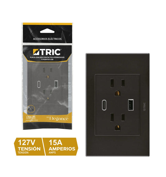 PLACA DOBLE TOMA NEGRO 2 PUERTOS USB USB-C 127V 15A TRIC T-118FJ-09BK