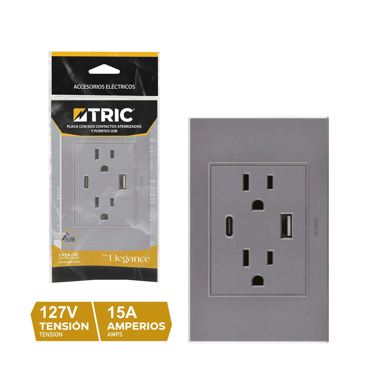 PLACA DOBLE TOMA GRIS 2 PUERTOS USB USB-C 127V 15A TRIC T-118FJ-09GY