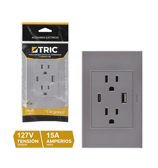 PLACA DOBLE TOMA GRIS 2 PUERTOS USB USB-C 127V 15A TRIC T-118FJ-09GY