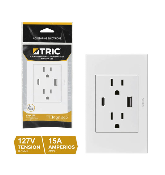 PLACA DOBLE TOMA BLANCA 2 PUERTOS USB USB-C 127V 15A TRIC T-118FJ-09WT