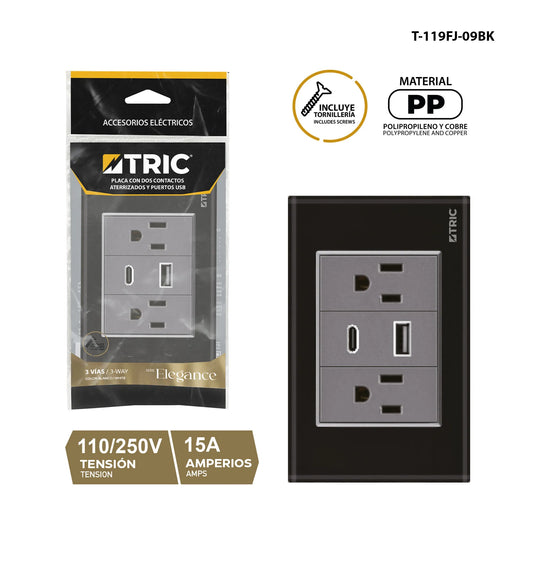 PLACA DOBLE TOMA NEGRO/GRIS 2 PUERTOS USB-USB-C 110/250V 15A TRIC T-119FJ-09BK