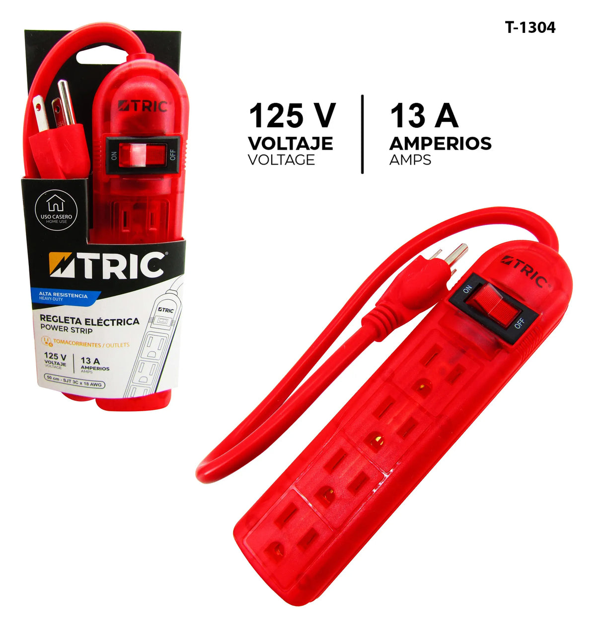 REGLETA ELECTRICA ROJA DE 4 TOMA CORRIENTES 125V TRIC 16AWG T-1304