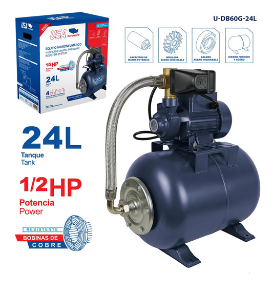 EQUIPO HIDRONEUMATICO 1/2HP TANQUE 24L Y BOMBA PERIFERICA USA U-DB60G-24L