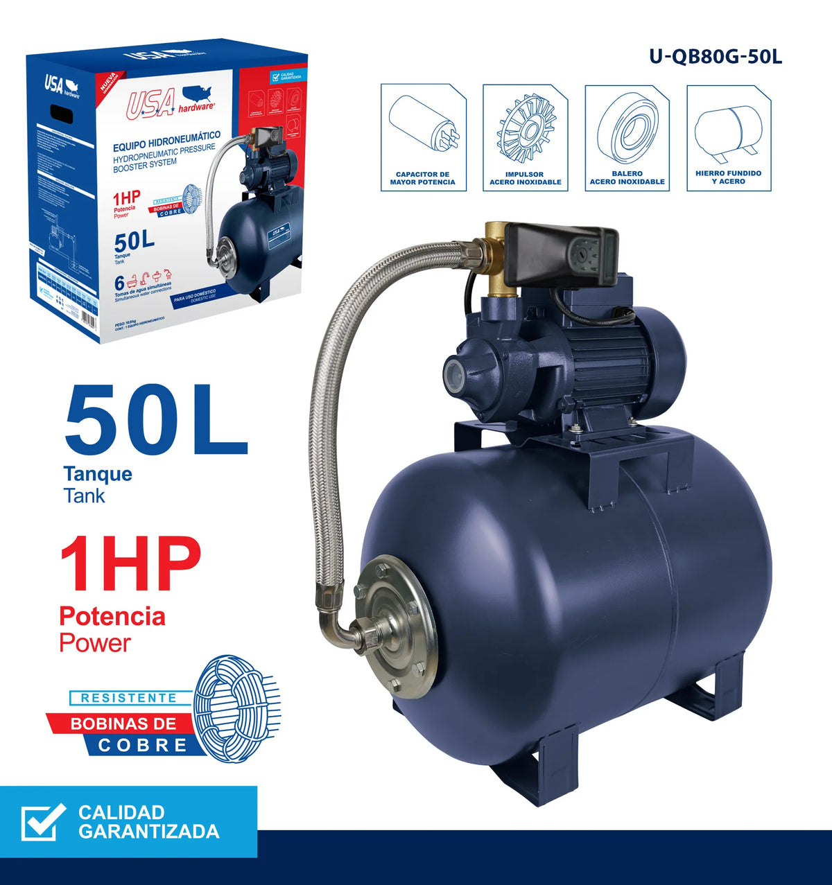 EQUIPO HIDRONEUMATICO 1HP  CON TANQUE 50L Y BOMBA PERIFERICA USA U-QB80G-50L