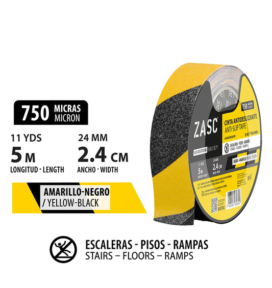 ROLLO CINTA ANTIDESLIZANTE AMARILLO-NEGRO 2.4CMX5MTRS ZASC Z-AST-YB24MM