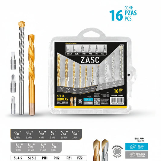 JUEGO DE BROCAS 16PZS P/METAL/CONCRETO Y PUNTAS DE DESTORNILLADOR ZASC Z-DBMIX-16MM