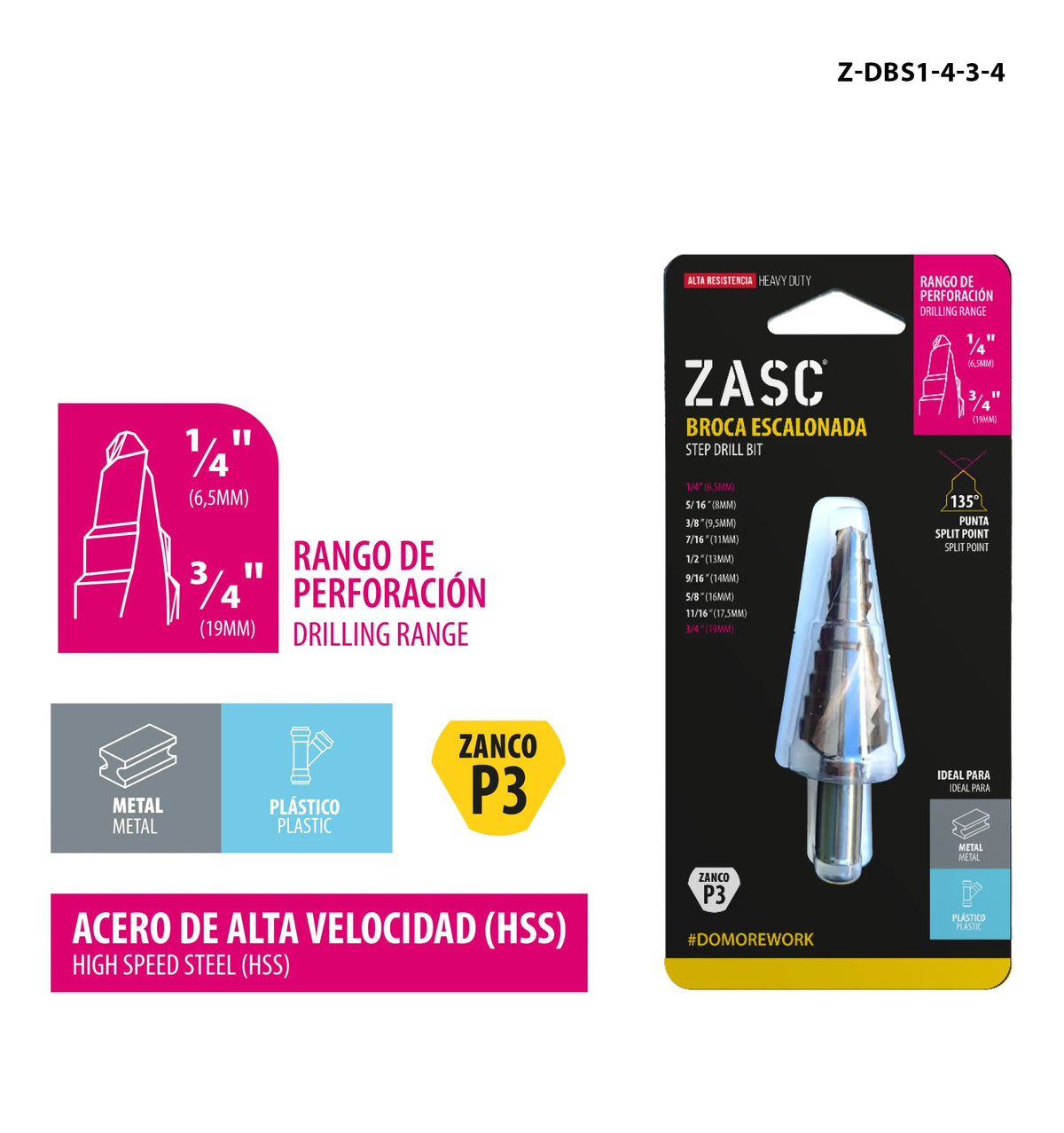 BROCA ESCALONADA 1/4X3/4PLG ZASC Z-DBS1-4-3-4