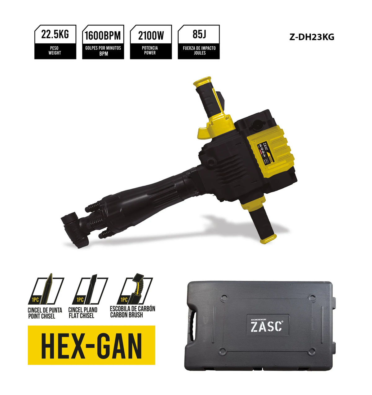 DEMOLEDOR CONCRETO 2100W 85 JOULES 22.5KG ZASC Z-DH23KG