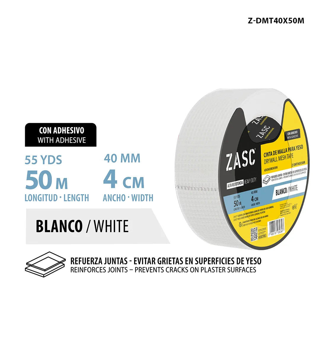 CINTA FIBRA DE VIDRIO PARA TABLA YESO 40MMX50MTS ZASC Z-DMT40X50M