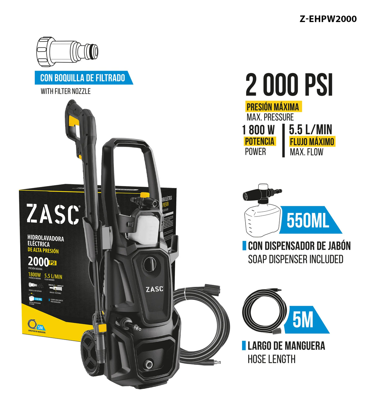 HIDROLAVADORA ELECTRICA DE ALTA PRESION 2000PSI ZASC Z-EHPW2000