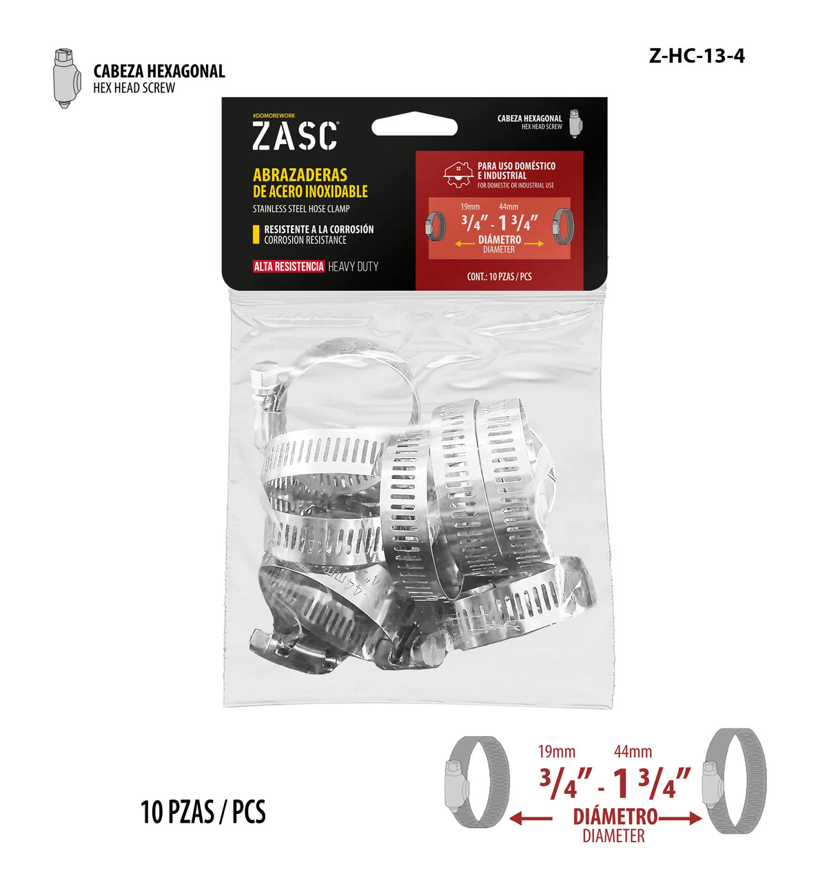 SET DE ABRAZADERA UNIVERSAL 10PCS 3/4-1 3/4PLG ZASC Z-HC-13-4