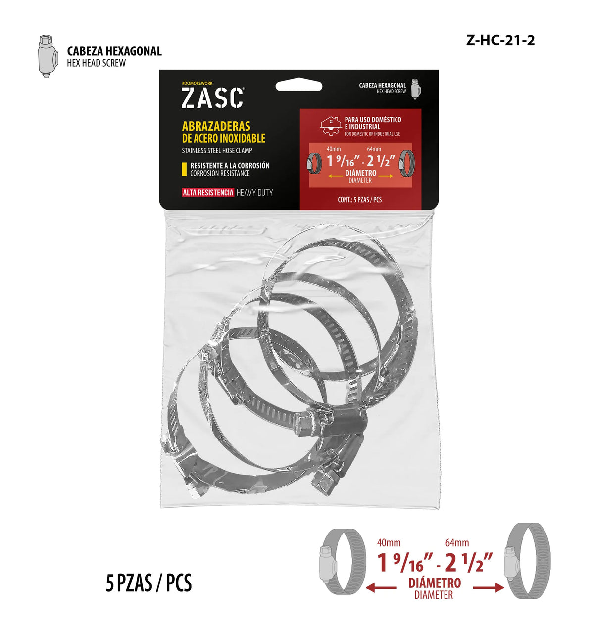 SET DE ABRAZADERA UNIVERSAL 5PCS 1 9/16-2 1/2PLG ZASC Z-HC-21-2