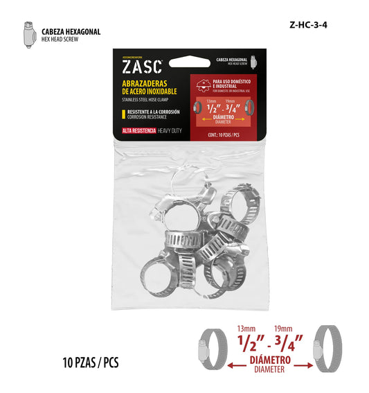 SET DE ABRAZADERA UNIVERSAL 10PCS 1/2-3/4PLG ZASC Z-HC-3-4