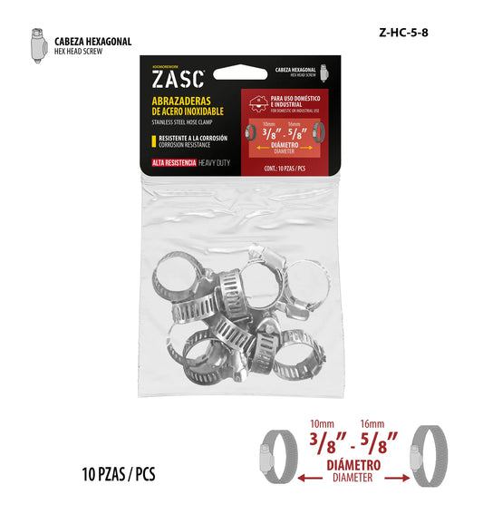 SET DE ABRAZADERA UNIVERSAL 10PCS  3/8-5/8PLG ZASC Z-HC-5-8