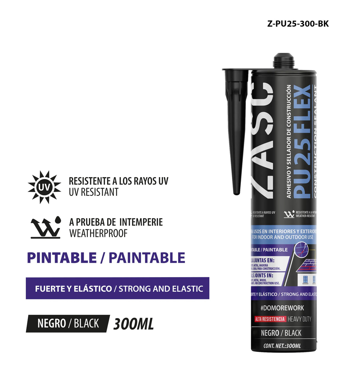 SELLADOR ADHESIVO NEGRO PINTABLE DE CONSTRUCCION 300MM ZASC Z-PU25-300-BK