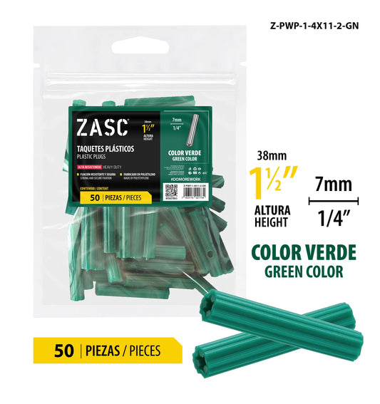 SET DE ANCLAS+TORNILLOS 1/4X1 1/2 PLG VERDE ZASC Z-PWPSET-8X11-2-GN