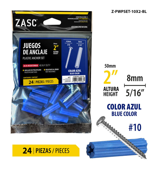 SET DE ANCLAS+TORNILLOS 5/16X2 PLG AZUL ZASC Z-PWPSET-10X2-BL
