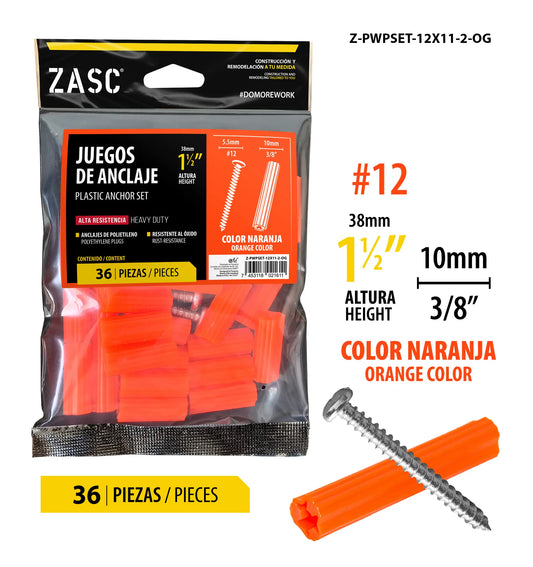 SET DE ANCLAS+TORNILLOS 3/8X1 1/2 PLG ANARANJADAS ZASC Z-PWPSET-12X11-2-OG