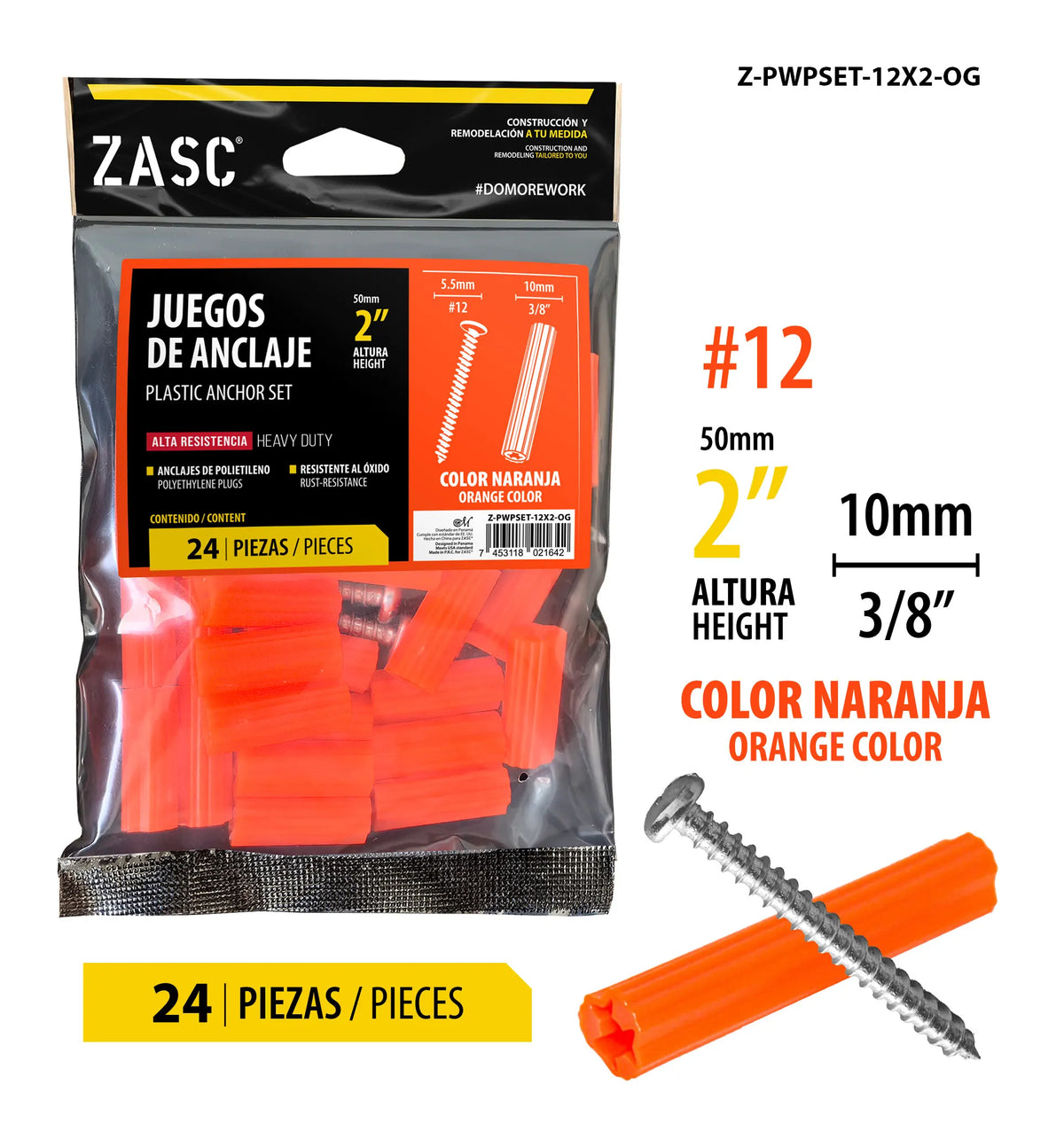 SET DE ANCLAS+TORNILLOS 3/8X2 PLG ANARANJADAS ZASC Z-PWPSET-12X2-0G
