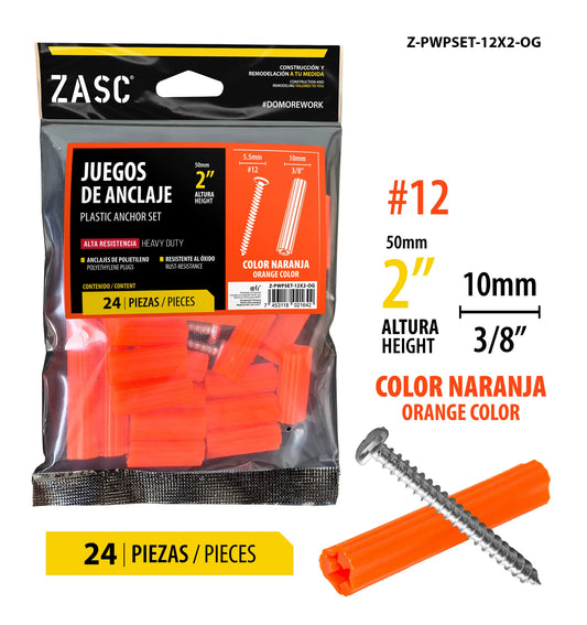 SET DE ANCLAS+TORNILLOS 3/8X2 PLG ANARANJADAS ZASC Z-PWPSET-12X2-0G