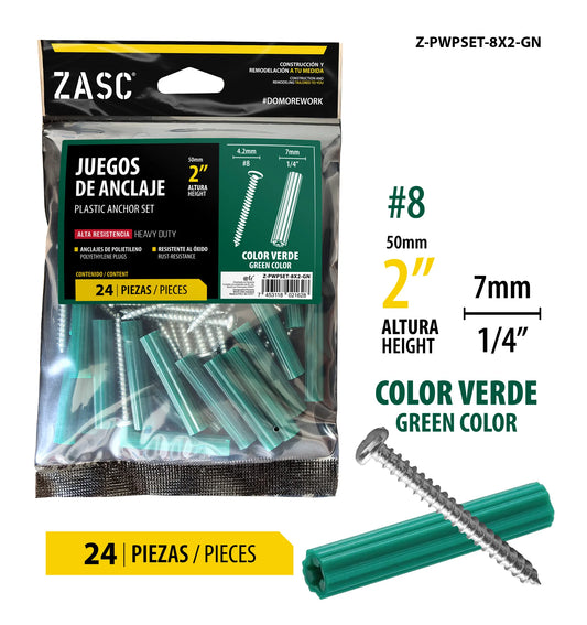 SET DE ANCLAS+TORNILLOS 1/4X2 PLG VERDE ZASC Z-PWPSET-8X2-GN