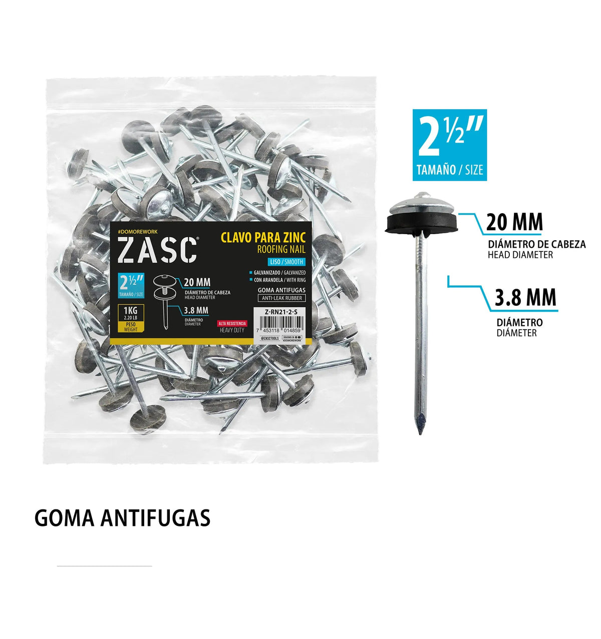 CLAVO DE CHARRA PARA LAMINA LISO GOMA ANTIFUGA 2 1/2PLG ZASC Z-RN21-2-S ZASC