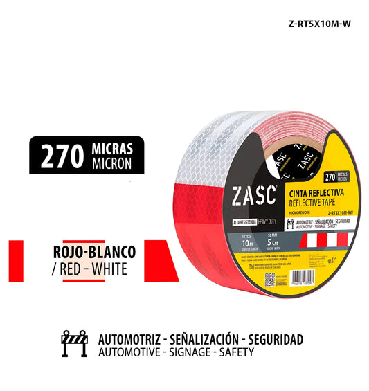 METRO CINTA REFLECTIVA ROJO Y BLANCO DE 5CMX10M 270MIC ZASC Z-RT5X10M-RW