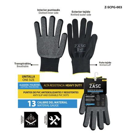 GUANTES ALGODON TEJIDO CON PUNTOS PVC ANTIDESLIZANTES NEGRO ZASC Z-SCPG-003
