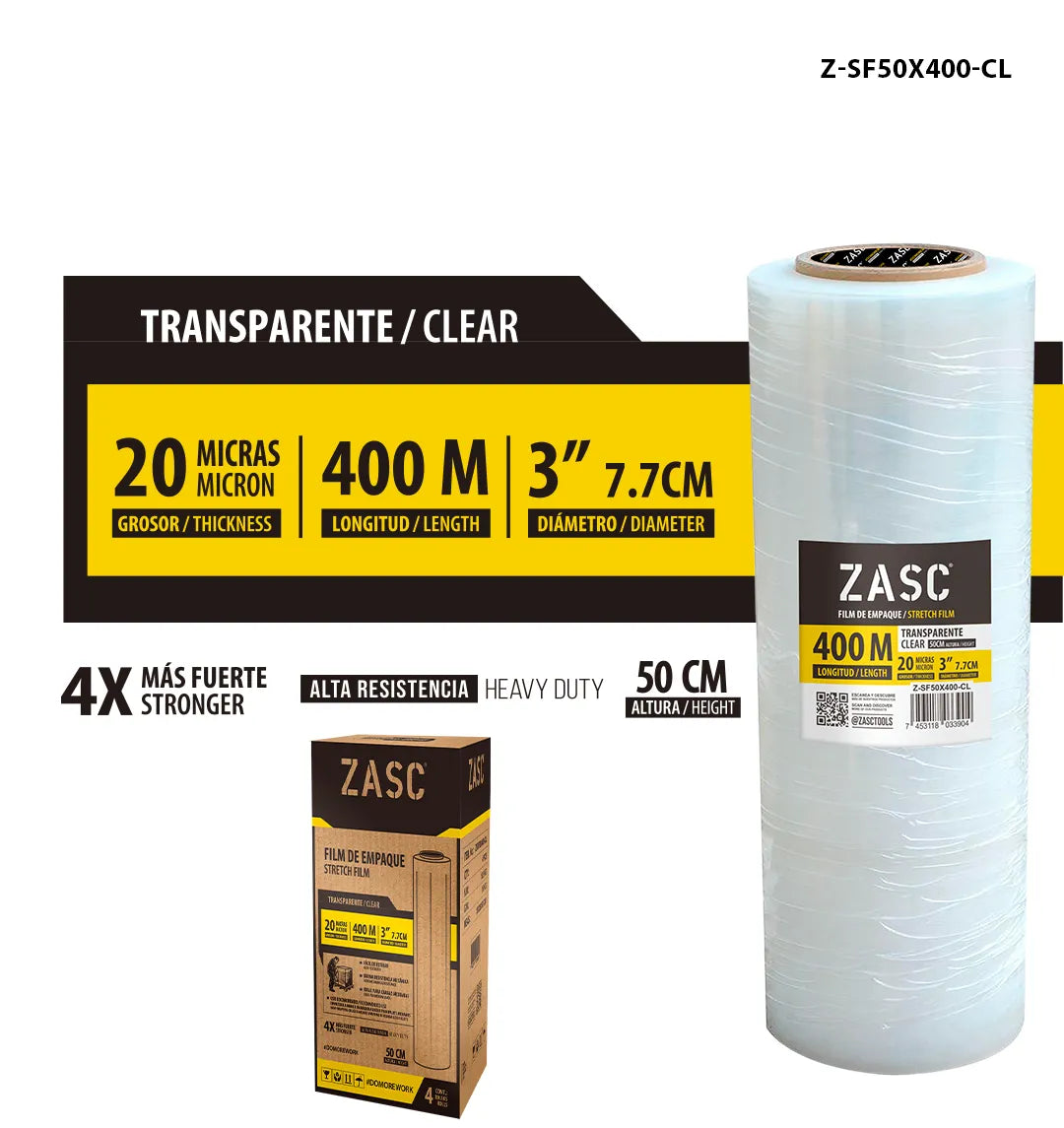 PLASTICO STRECH PARA PALETIZAR 50CMX400MTRS ZASC Z-SF50X400-CL