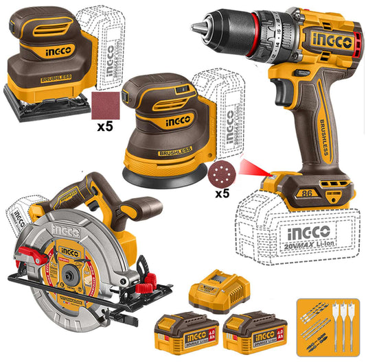 SET LIJADORA PALMA+LIJADORA ROTO ORBITAL+SIERRA CIRCULAR+TALADRO  INGCO UCOSLI25108