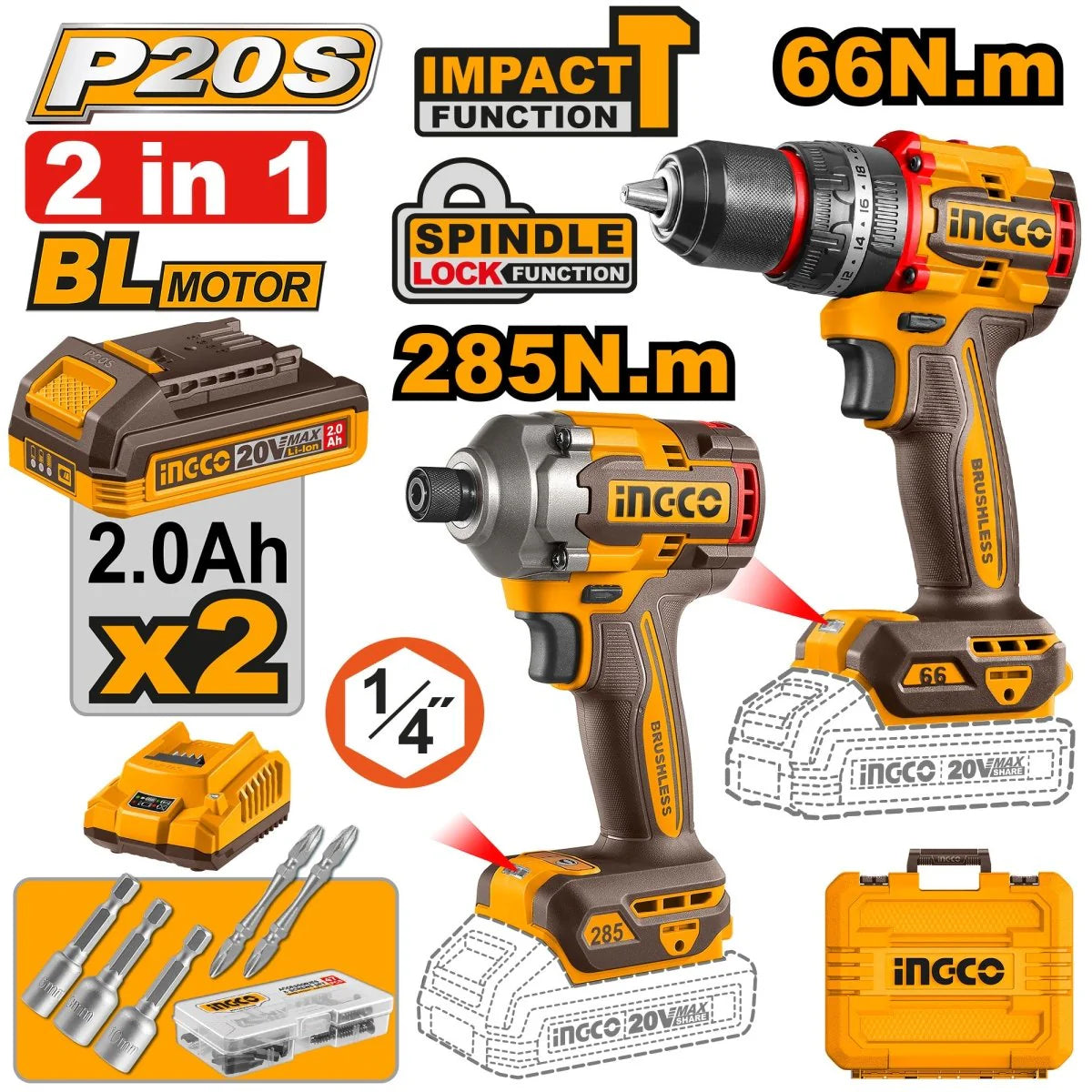 TALADRO PERCUTOR INALAMBRICO 12.7MM 66N.M+ATORNILLADOR DE IMPACTO INGCO UCKLI20277