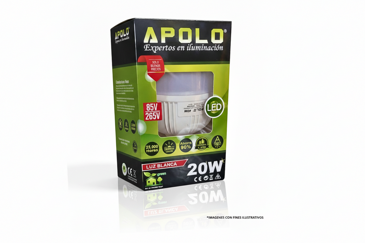Apolo LED bulb packaging on a white background