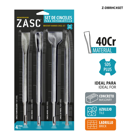 SET DE 4PCS DE CINCELES SDS PARA DEMOLEDOR ROTOMARTILLO ZASC Z-DBRHC4SET